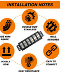 Heavy Duty Double Row Terminal Blocks For 10 To 22 AWG Wiring Stainless Steel Housing 600 Volt 30 Amp Rated Knockout Circuit Connectors with installation notes.