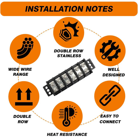 Heavy Duty Double Row Terminal Blocks For 10 To 22 AWG Wiring Stainless Steel Housing 600 Volt 30 Amp Rated Knockout Circuit Connectors with installation notes.