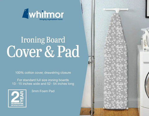 100% Cotton Ironing Board Cover And Pad With Heat Resistant Surface Fits 54 Inch L By 15 Inch W Boards Includes 3mm Foam Pad Drawstring Closure With Barrel Lock No Drama Easy Install Stain Resistant Grey Swirl, displayed on a board.