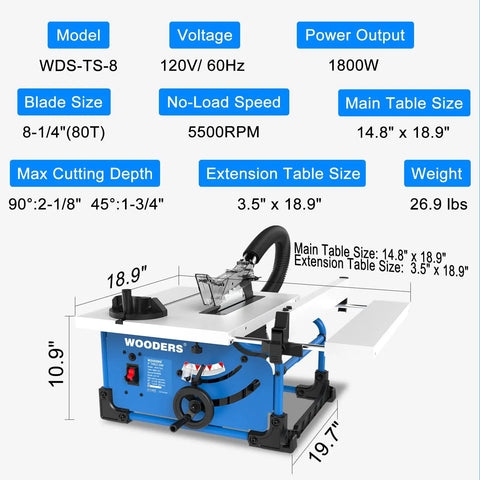 Badass 8 Inch Table Saw Driven By A Beefy 15 Amp 5500 Rpm Motor With Heavy Duty 80 Tooth Carbide Blade For Precision Cuts And Heavy Duty Work On Any Local Shop Or Job Site, showing specifications and dimensions.
