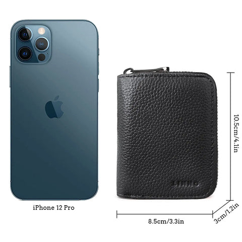 RFID Blocking Card Holder With Zipper Genuine Leather Small Wallet For Women And Men 20 Card Slots next to iPhone 12 Pro
