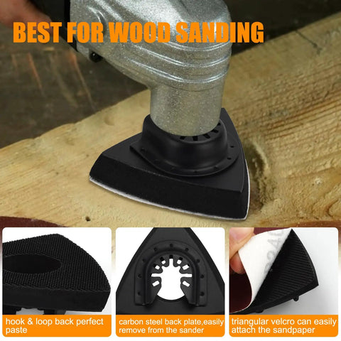 Beefy Heavy Duty Oscillating Tool Sanding Pads Kit in use with carbon steel backing on wood surface, showcasing triangle pad.