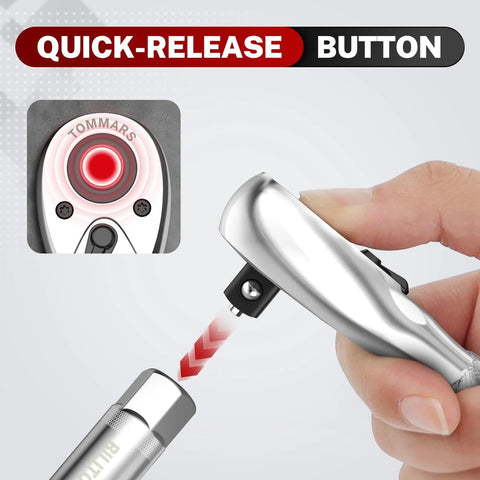 TomMars stubby ratchet set; close-up of quick-release button and 1/4, 3/8, 1/2 inch drives, 72-tooth reversible