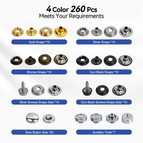 Straight Shooter 266 Piece Snap Fastener Tool Kit With Adjustable Pliers And Premium Hardware Dies for 260 pieces of various colored snaps.