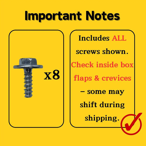 Important notes image indicating 8 screws included for assembly, with instructions on checking box flaps for loose screws.