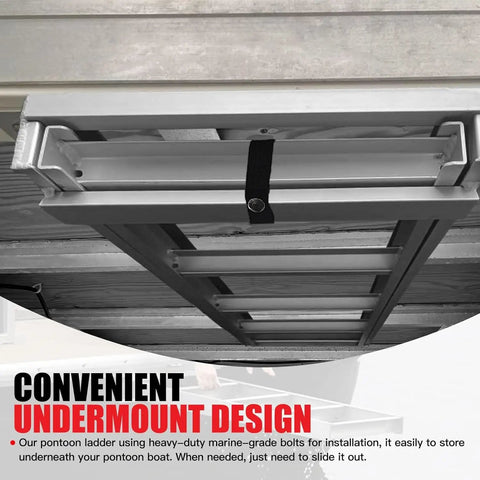 Heavy Duty Aluminum Pontoon Boat Ladder With 4 Steps, Undermounted Design, Non Slip Treads, Marine Grade Build For Saltwater Use, Rust Proof And Durable, Easy Mount Dock Access For Quick, Safe Boarding underpontoon view