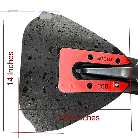 Red Sport 200 Whale Tail Hydrofoil Stabilizer wet surface with measurements for 8 to 40 HP outboard engines