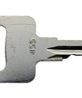 Ignition key for aerial lift equipment, silver metal blade with large rectangular head, front view.