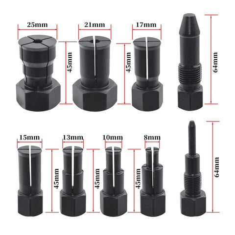 Close-up of 8 to 25 mm collets from 10 Piece Motorcycle Bearing Extractor And Puller Tool Kit For 8 To 25 Mm Bearings With Blind Hole Inner