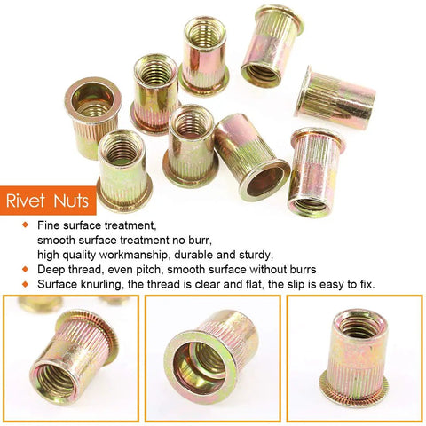 50 Pack 1/2 Inch 13UNC Zinc Plated Carbon Steel Rivet Nuts Flat Head Insert Nutsert Assortment Kit, various angles shown