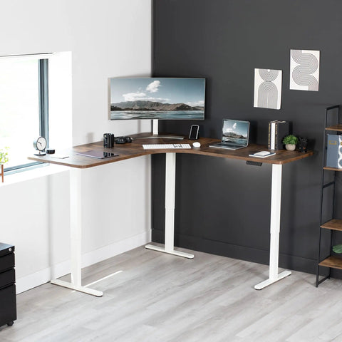 Vivo Electric L Shaped Corner Standing Desk With Memory Height Adjustment And White Finish For Office Ergonomic Sit Stand Workstation Dual Motor Lift System Smooth Operation Spacious Workspace in modern office setting.