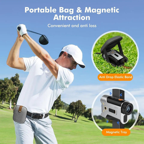Golfer with Dope Rangefinder With Slope And Flag Lock Vibration 1200 Yard Laser Range 7X Magnification on waist bag