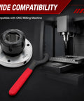Upgrade your Shop Game With This Awesome Nakkaa ER32 Collet Chuck, 80mm Big Diameter And Insane Precision For Your CNC Milling Machine Setup. Shows collet chuck and wrench.