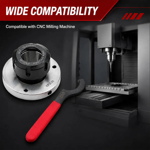 Upgrade your Shop Game With This Awesome Nakkaa ER32 Collet Chuck, 80mm Big Diameter And Insane Precision For Your CNC Milling Machine Setup. Shows collet chuck and wrench.
