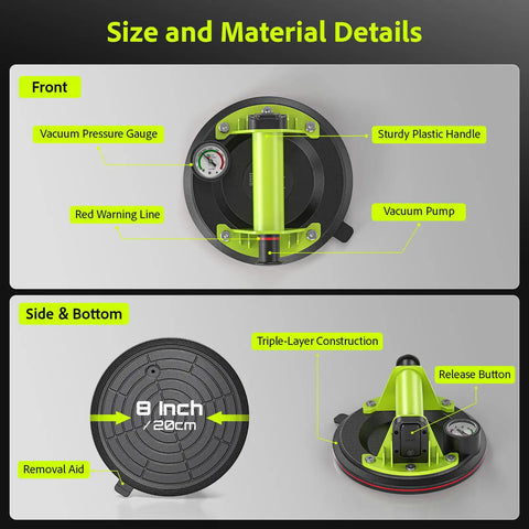 Heavy Duty Glass Suction Cup Lifter With 8 Inch Cup Built In Pressure Gauge 450 Lbs shown with components labeled
