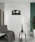 Dope Steam Train Metal Wall Art Locomotive Iron Wall Decor For Living Room Bedroom Office, Retro Train Station Scene, Black Finish, 12 Inch Wide Industrial Wall Sculpture displayed in a modern room.