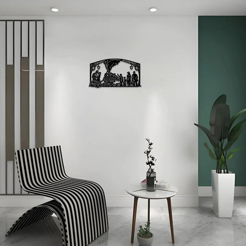 Dope Steam Train Metal Wall Art Locomotive Iron Wall Decor For Living Room Bedroom Office, Retro Train Station Scene, Black Finish, 12 Inch Wide Industrial Wall Sculpture displayed in a modern room.