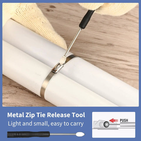 Heavy Duty Metal Zip Tie Gun Kit With Built In Cutter Stainless Steel Self Locking Zip Ties 11.8 Inch 100 Pack release tool in use