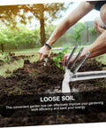 Person using Durable Stainless Garden Hoe For Weeding, Digging, And Soil Prep in garden bed, ergonomic handle seen.