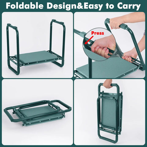 Collapsible 2 In 1 Garden Kneeler And Seat Foldable Bench With Ten Point Two Three Inch Wide Kneeling Pad shown folding mechanism