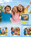 Kids Instant Print Camera For Ages 3 To 12 With Two Point Four Inch Eye Care Screen, 1080P Video, 18 Frames, Includes 3 Rolls Paper And 32GB SD Card, Snap Happy Toy Camera Gift For Birthday Christmas Valentines Girls displayed with happy children outdoors.