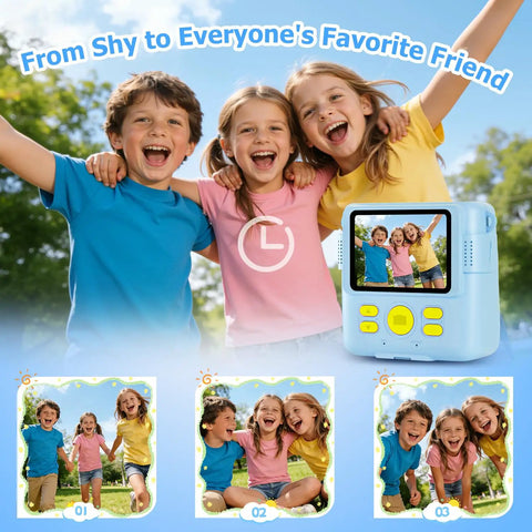 Kids Instant Print Camera For Ages 3 To 12 With Two Point Four Inch Eye Care Screen, 1080P Video, 18 Frames, Includes 3 Rolls Paper And 32GB SD Card, Snap Happy Toy Camera Gift For Birthday Christmas Valentines Girls displayed with happy children outdoors.