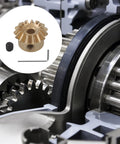 Close-up of Six Piece 0.8 Module Bevel Gear Set With 15 Teeth Beefy Copper Transmission Gears in machinery system