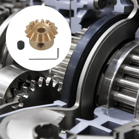 Close-up of Six Piece 0.8 Module Bevel Gear Set With 15 Teeth Beefy Copper Transmission Gears in machinery system