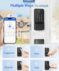 Smart Keyless Entry Door Lock With Handle, Bluetooth App Control Front Lock, shown with phone app and multiple unlocking methods.