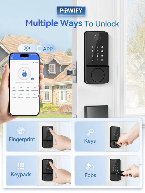 Smart Keyless Entry Door Lock With Handle, Bluetooth App Control Front Lock, shown with phone app and multiple unlocking methods.