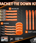 Heavy Duty Ratchet Tie Down Straps 4 Pack One Inch By Fifteen Feet With Rubber Grip Buckles And Soft Loop Hooks showing 4 straps with hooks and soft loops.