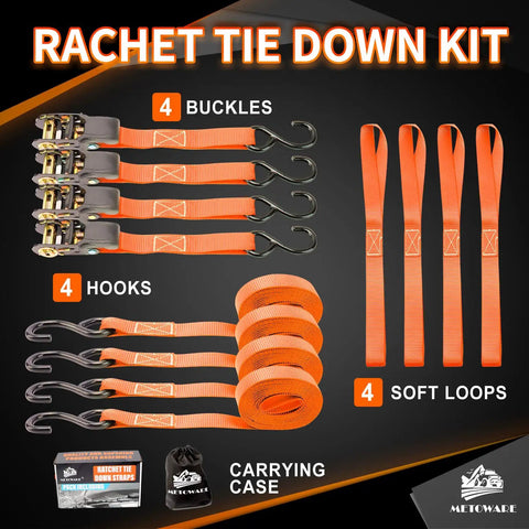 Heavy Duty Ratchet Tie Down Straps 4 Pack One Inch By Fifteen Feet With Rubber Grip Buckles And Soft Loop Hooks showing 4 straps with hooks and soft loops.