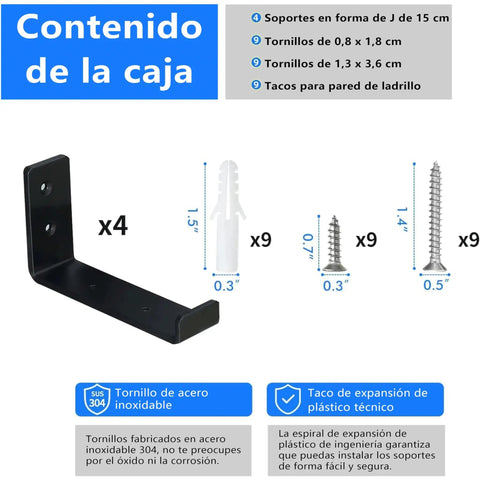 Box contents showing Beefy 6 Inch J Shelf Brackets Four Pack Heavy Duty Shelf Supports with screws and wall plugs.