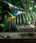 Two birds using a Hanging Bird Bath And Feeder Tray For Outdoors Garden Patio Decor Easy To Hang No Tools Needed Water Bowl.