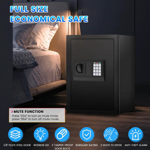 Beefy Home Safe 3.3 Cu Ft Digital Security Safe Box With Smart Alarm System in a bedroom setting, illustrating size and design.