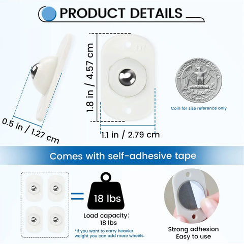 Self Adhesive Caster Wheels And 360 Degree Swivel Rollers With Strong Sticky Pad For Kitchen Appliances Trash Bins And Couches Move Heavy Loads Without Breaking A Sweat Zero Mess Installation 8 Pack White And Grey product details with dimensions and load capacity