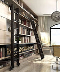 Rolling Library Ladder Rail Kit With Sliding Hardware For Home, Loft, Garage And Closet, Black Round Tube Track System installed