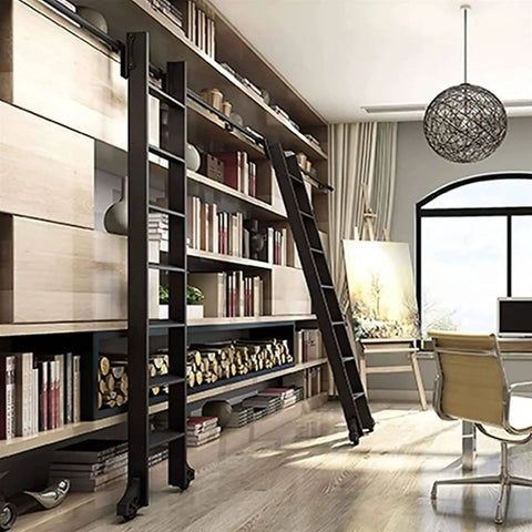 Rolling Library Ladder Rail Kit With Sliding Hardware For Home, Loft, Garage And Closet, Black Round Tube Track System installed