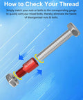 Bolt and nut with red thread checker from 55 Piece Pro Grade Thread Checker Kit With Bolt Size Gauge And Nut And Bolt Measuring Tool, 25 Metric And 30 Standard.