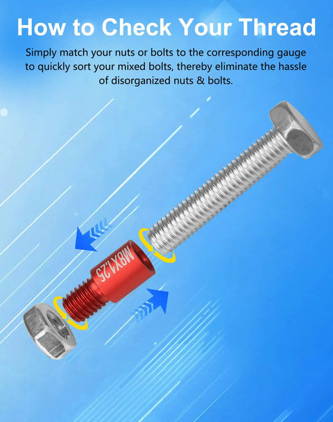 Bolt and nut with red thread checker from 55 Piece Pro Grade Thread Checker Kit With Bolt Size Gauge And Nut And Bolt Measuring Tool, 25 Metric And 30 Standard.