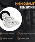 Beefed-Up Serpentine Belt Tensioner Kit With Idler Pulley And V Ribbed Belt diagram highlighting features like corrosion resistance