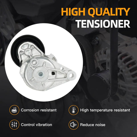 Beefed-Up Serpentine Belt Tensioner Kit With Idler Pulley And V Ribbed Belt diagram highlighting features like corrosion resistance