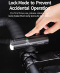 Person using lock mode on Ultra Bright Front Bike Light For Night Riding 1500 Lumens Rechargeable Bicycle Headlight mounted on handlebar