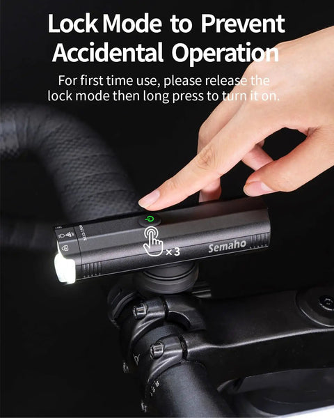 Person using lock mode on Ultra Bright Front Bike Light For Night Riding 1500 Lumens Rechargeable Bicycle Headlight mounted on handlebar