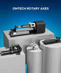 Rotary Cutter and Engraver Attachment With Three Jaw Chuck and Two Phase Stepper Motor for CO2 Laser Engraving Machines displayed on pedestals