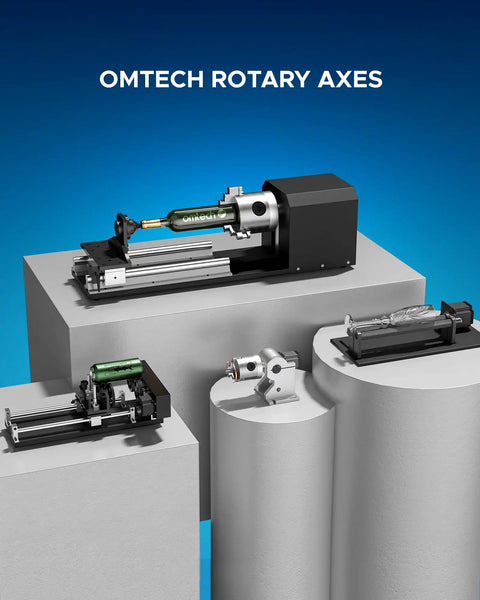 Rotary Cutter and Engraver Attachment With Three Jaw Chuck and Two Phase Stepper Motor for CO2 Laser Engraving Machines displayed on pedestals