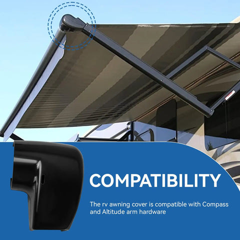 RV Awning End Cap Replacement Kit Compatible With Altitude And Compass Arm Hardware R001931006 shown on deployed awning