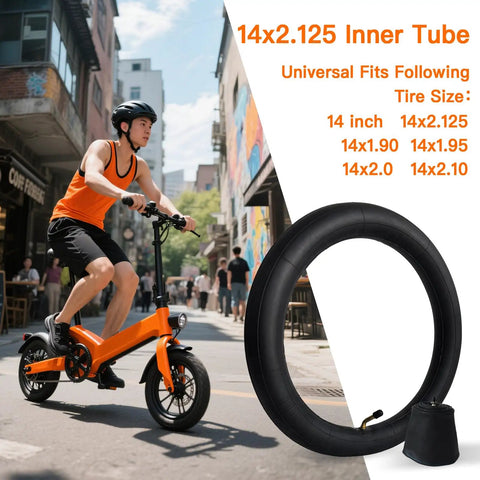 Two Pack 14x2.125 Bike Inner Tubes For 14 Inch Wheels, beefy rubber, displayed with cyclist on orange electric bike