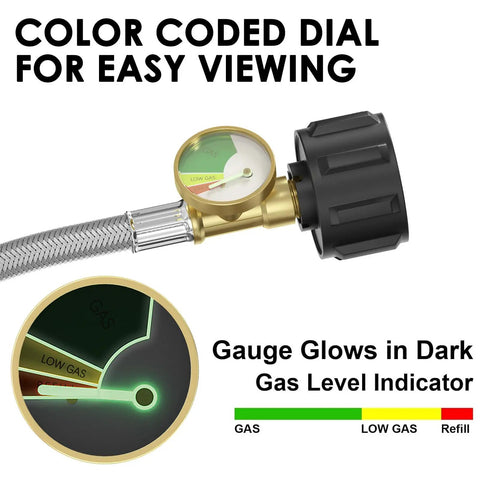 12Ft Stainless Braided Propane Hose With Gauge Connector 1lb To 20lb Tank Converter showing color-coded dial