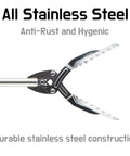 Close-up of the clamp of All Stainless Steel Grabber Reacher Pickup Tool Heavy Duty Trash Picker For Indoor Outdoor Use No Wire Patented Technology Delivers Extra Power And Strong Grip For Logs BBQ Pits Fireplace.